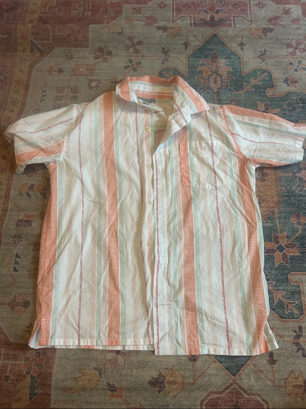 Lucky Brand Boys Button-Down Shirt in White, Coral & Mint Stripes